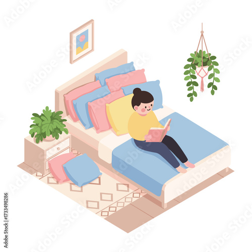 Relaxing at home reading a book in bed surrounded by plants and soft pillows for a peaceful afternoon of learning and relaxation