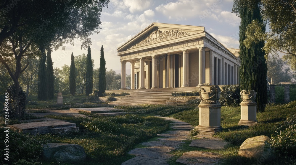 Obraz premium Serene Ancient Greek Temple in a Lush Garden