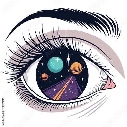 An eye reflecting the vastness of space with planets and a starry road.