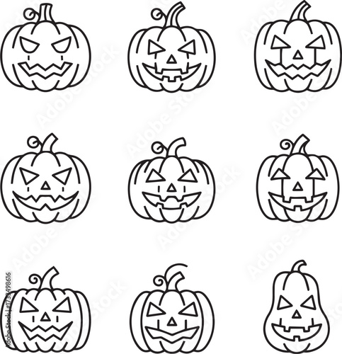 A set of nine black and white line icons featuring various styles of Halloween jack-o'-lanterns or carved pumpkins.