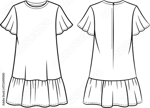 Technical dress sketch, flutter sleeve design, drop waist, gathered skirt, round neckline, zipper back, fashion template, garment construction drawing