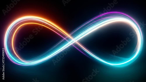 Abstract glowing infinity symbol with vibrant neon light trails, symbolizing endless energy, continuity, and unlimited potential.