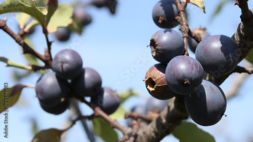 The blue plums have dried up on the branches. Disease of trees, loss of crops.