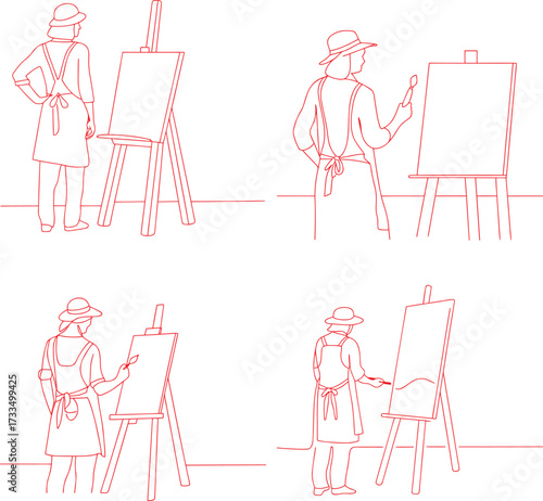 Artist in hat and apron painting on an easel with a brush and creativity continuous line drawing 