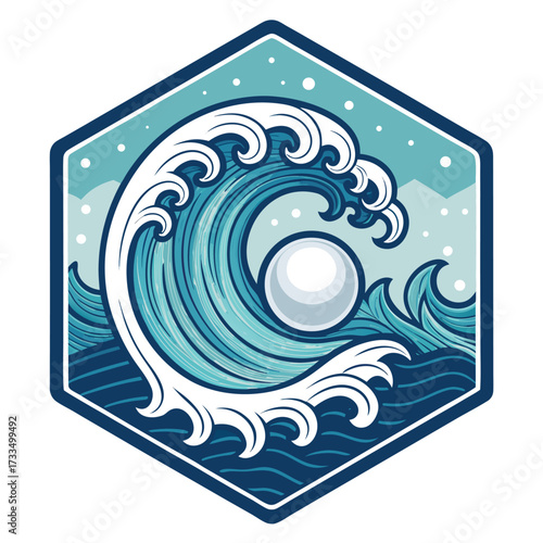 A hexagonal badge with a crashing wave and a pearl inside it.