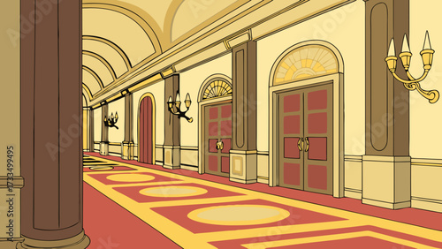 Cartoon illustration of a grand hallway with arched doorways and sconce lighting