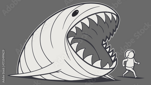 Cartoonish Shark with Jagged Teeth Pursuing a Running Figure in Fear