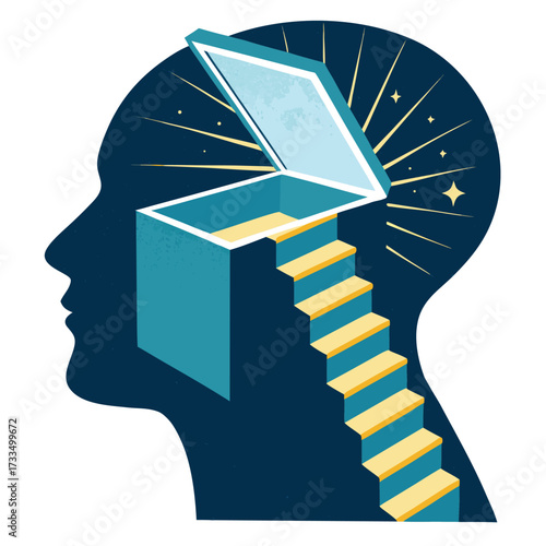 Illustration of a human head profile with an open doorway and stairs inside.