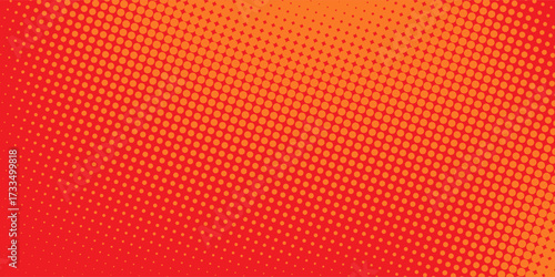 Polka dot pop art halftone pattern. Red dots on orange background
