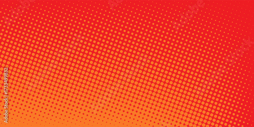 Polka dot pop art halftone pattern. Red dots on orange background