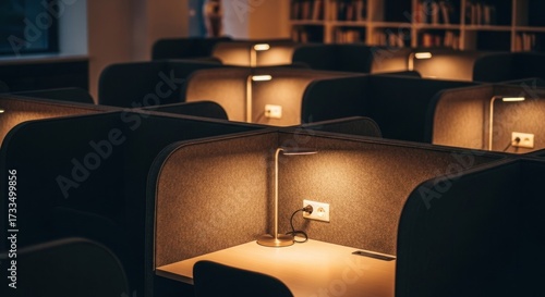 Rows of study carrels illuminated by desk lamps in a library setting