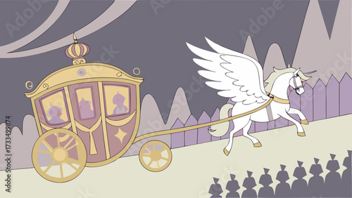 PegasusDrawn Carriage with Royal Passengers Passing Before a Crowd Fantasy Illustration
