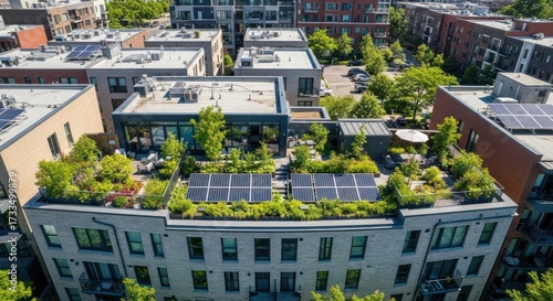 Rooftop garden atop modern building, solar panels and lush greenery present