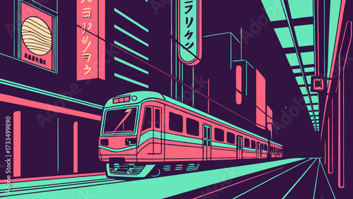 Retrofuturistic Train Station Scene with Neon Colors and Japanese Signage