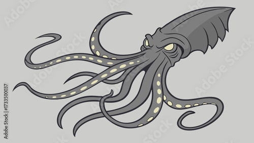 Stylized Gray Squid with Yellow Eyes and Spotted Tentacles Illustration