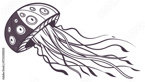 Stylized Jellyfish Illustration with Circular Patterns and Flowing Tentacles