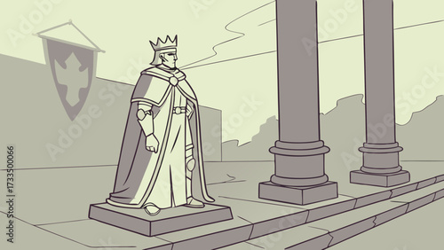 Stylized King Statue with Crown and Cape Beside Two Stone Pillars