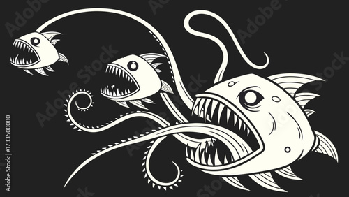 Stylized menacing deepsea creatures with sharp teeth and tentacles