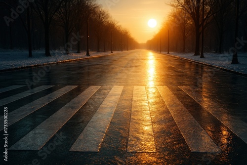 A serene, sun-kissed pedestrian crossing on a tranquil avenue is capturing the mesmerizing light in a vibrant display of urban beauty.
