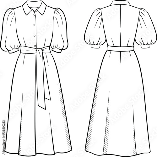 Technical fashion illustration, puff sleeve dress, belted waist, flared skirt, front and back view, garment sketch, sewing pattern, apparel design template