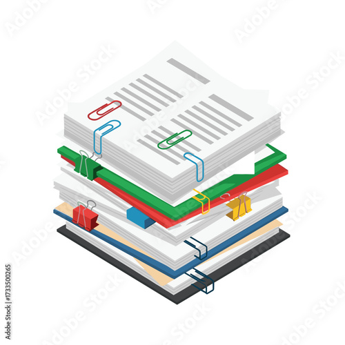 Organized stack of documents with colorful clips and binders symbolizing efficient business workflow and project management