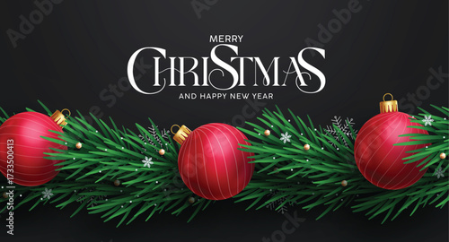 Merry Christmas greeting card clipart banner. Christmas garland clip art design with red balls and spruce leaves decoration elements for holiday season black elegant banner vector illustration.
