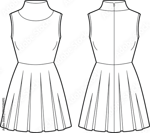 Technical fashion illustration, sleeveless dress design, high neckline garment, pleated skirt silhouette, front and back view, apparel construction drawing
