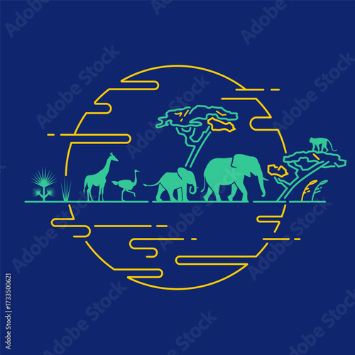 Lined graphic of Africa animal with sunset scene