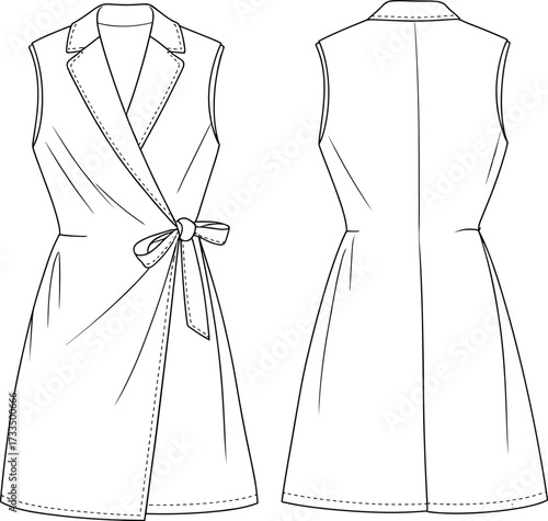 Technical fashion illustration, sleeveless wrap dress, belted waist, notched lapel collar, front and back view, garment sketch, sewing pattern, apparel template