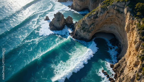 Aerial view of rugged coastline with crashing ocean waves and sea caves