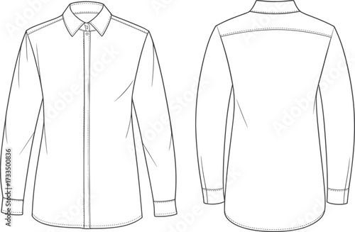 Technical fashion sketch, button-up shirt front and back, pointed collar, long sleeves, curved hemline, garment construction, apparel design, illustration