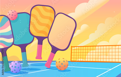 Colorful pickleball paddles and balls arranged playfully on a court with a vibrant sunset background and soft cloud shapes in a fun cartoon style