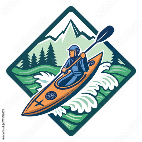 Kayaker navigates rapids with mountains and trees in the background.