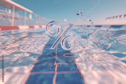 Transparent glass percent symbol emerges from the clear water of a swimming pool. Freshness, clarity, and financial concepts linked to liquidity and modern lifestyle.