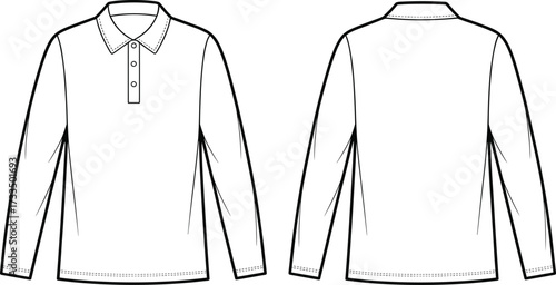 Technical polo shirt sketch, long sleeve design, button placket, classic collar, straight hem, fashion illustration, garment template, sewing pattern, menswear style