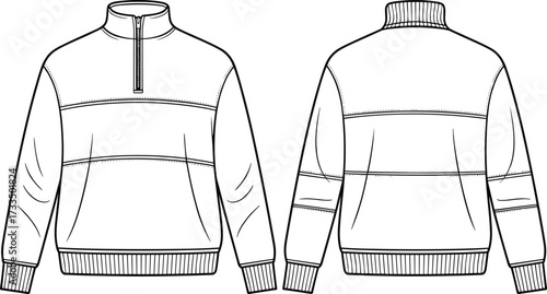 Technical pullover flat sketch, long sleeve top, high collar zipper, ribbed cuffs hem, fashion illustration, garment design, apparel template