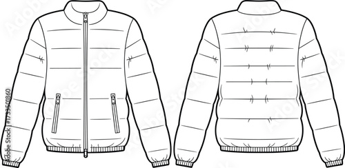 Technical puffer jacket sketch, front back view, quilted design, ribbed cuffs hem, zipper closure, fashion template, garment illustration, apparel outline