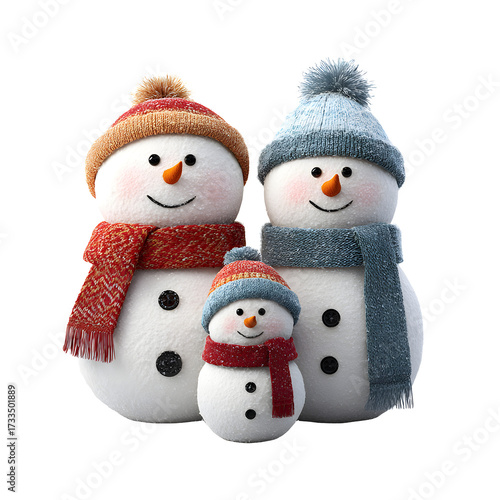 Snowman family with hats and scarves, white on white background background high quality image simple stock photo clean background clear detail studio lighting minimal style centered view soft light aa