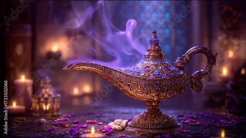 Enchanted Ornate Golden Lamp Emitting Magical Purple Smoke Amidst Soft Candlelight in a Mystical, Luxurious Setting