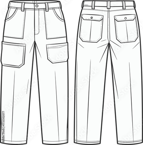 technical sketch, cargo pants, fashion illustration, front view, back view, belt loops, flap pockets, menswear design, garment template, apparel drawing