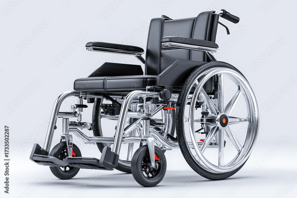Fototapeta premium Modern wheelchair with chrome frame on light background