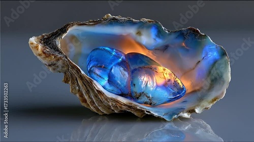 Luminous blue polished gemstones radiating warmth inside an open iridescent oyster shell, captured in a mystical studio shot