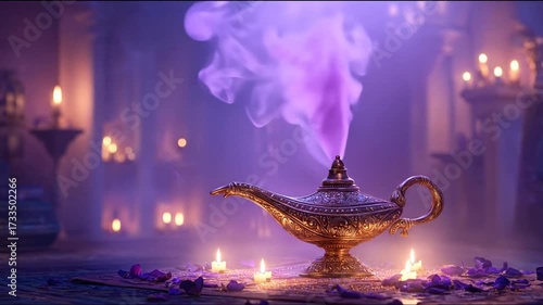 Ancient golden magic lamp emitting vibrant purple smoke in a dimly lit, enchanted fantasy world, with glowing candles.