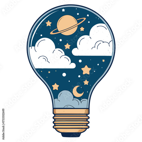 A lightbulb filled with a starry night sky and planets.