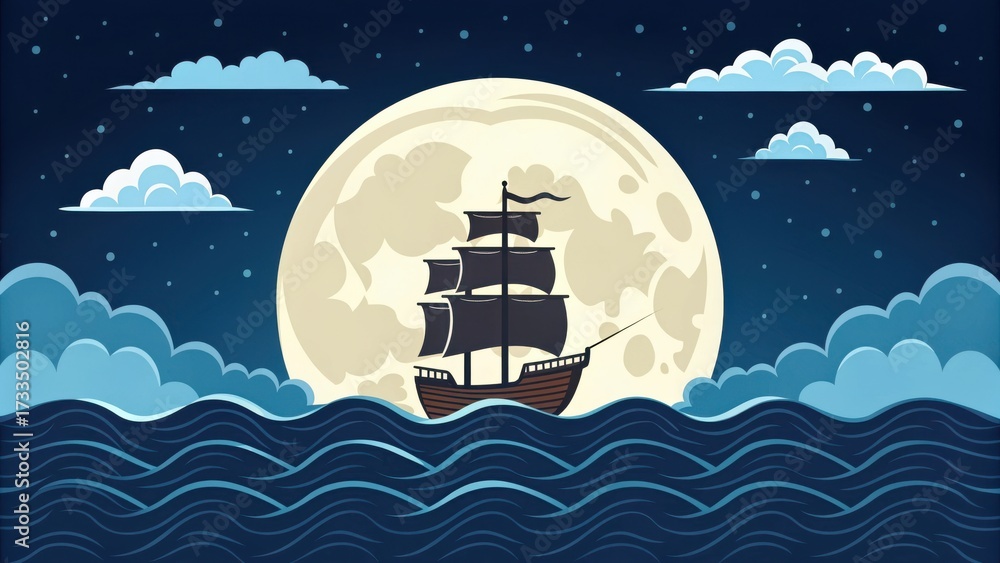 Naklejka premium Silhouette of a majestic tall ship sailing across a calm ocean under a giant luminous full moon at night