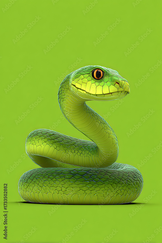 Fototapeta premium A vibrant green snake coiled elegantly against a bright green background, showcasing its striking features