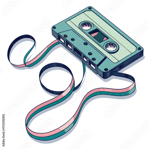 A vintage cassette tape with its tape unspooled in a playful loop.
