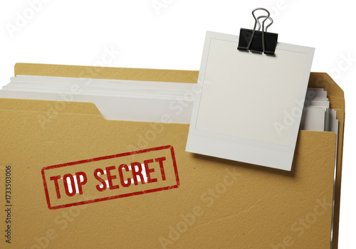 Weathered manila folder ajar, blurred documents, red 'TOP SECRET' stamp, blank instant photo with clip on transparent, macro shot concept of classified information.