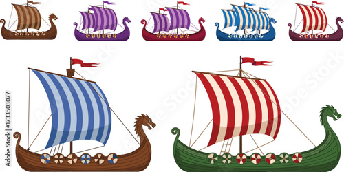 Viking ship illustration, cartoon longships, Norse boat clipart, dragon figurehead, striped sails, medieval vessel, historical fleet, sea exploration art