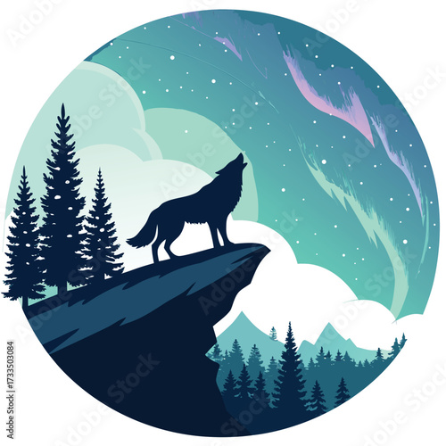 A wolf howls at the aurora borealis from a rocky cliff.